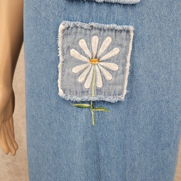 Bleu Bayou Vintage 90s Denim Dress with Daisy Patchwork Embroidery Cottagecore - Picture 5 of 10